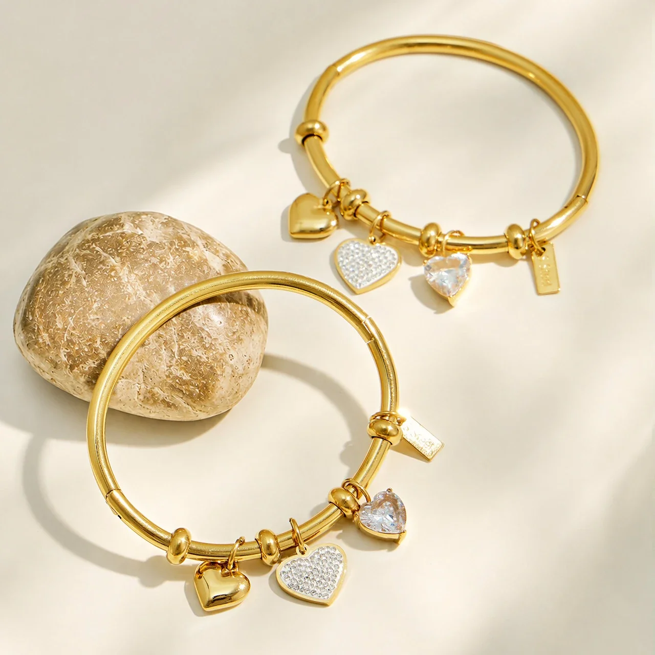Playful 18K Gold PVD Stainless Steel Heart CZ Bangle