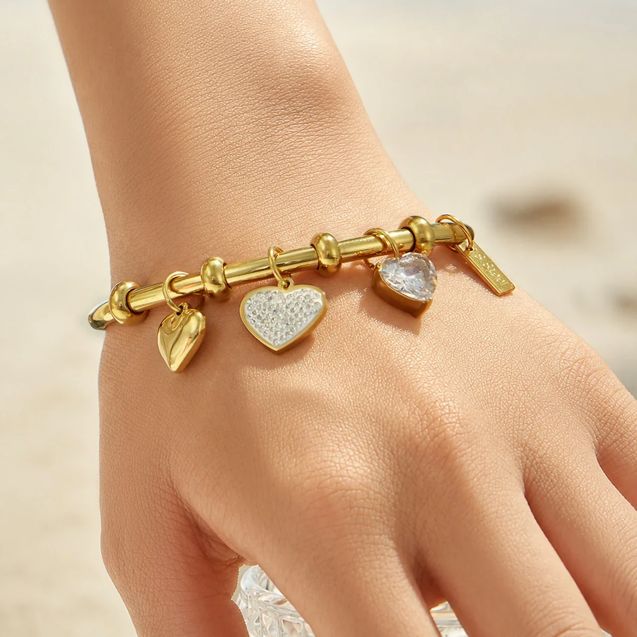 Playful 18K Gold PVD Stainless Steel Heart CZ Bangle