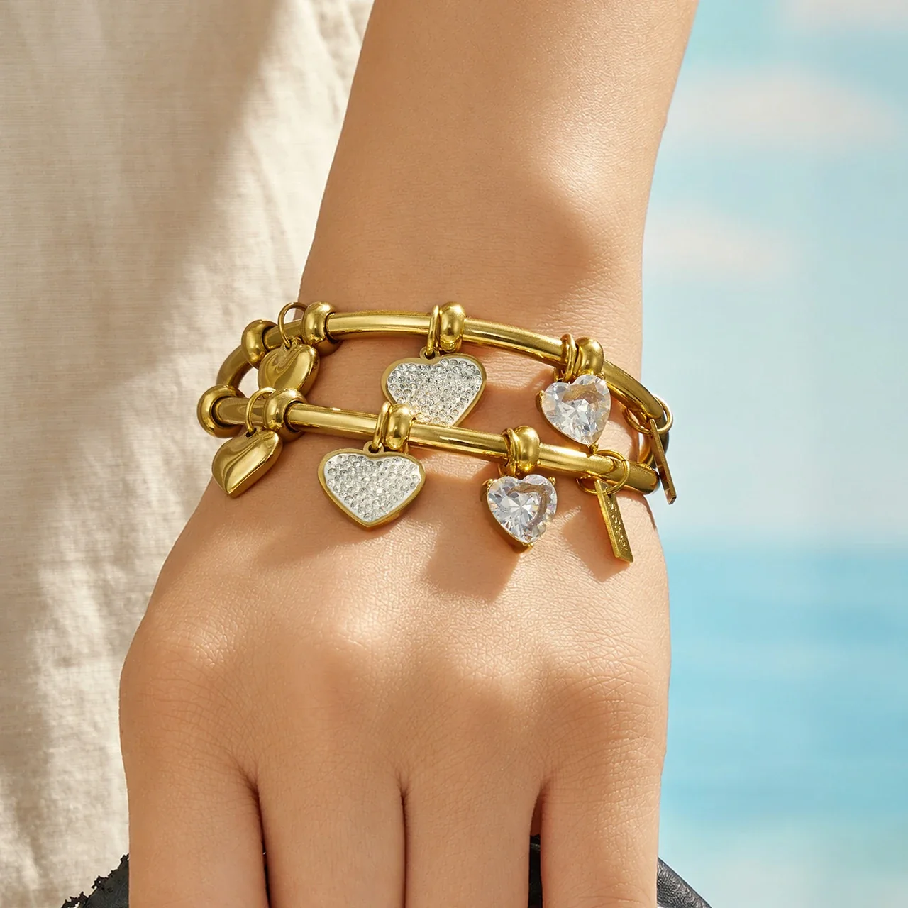 Playful 18K Gold PVD Stainless Steel Heart CZ Bangle