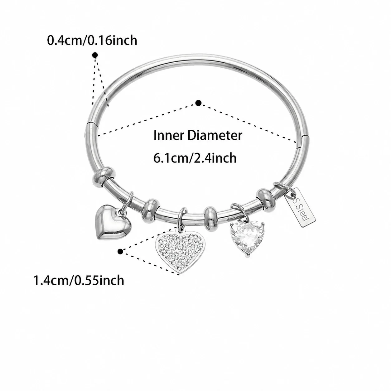 Playful 18K Gold PVD Stainless Steel Heart CZ Bangle - Steel