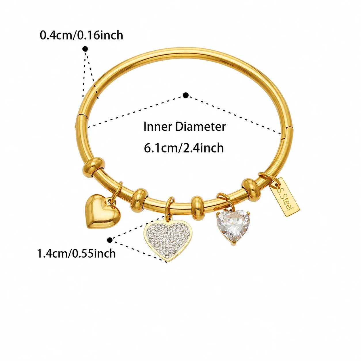 Playful 18K Gold PVD Stainless Steel Heart CZ Bangle - Gold