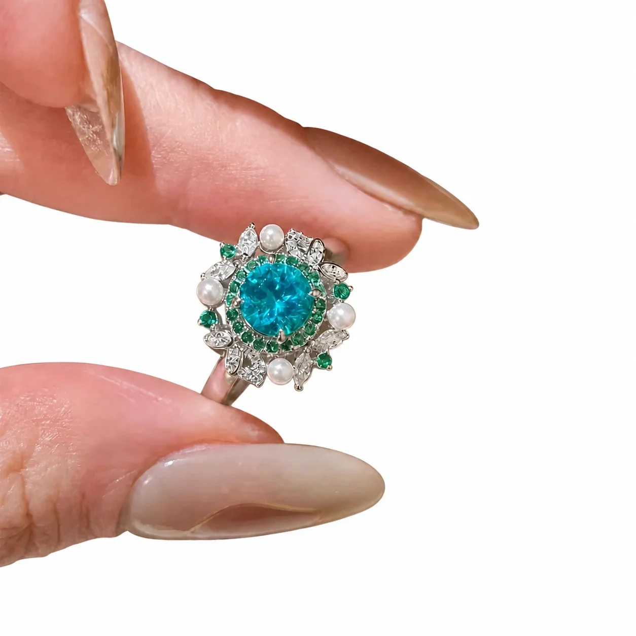 Luminous Silver-Plated Blue Crystal Floral Copper Ring