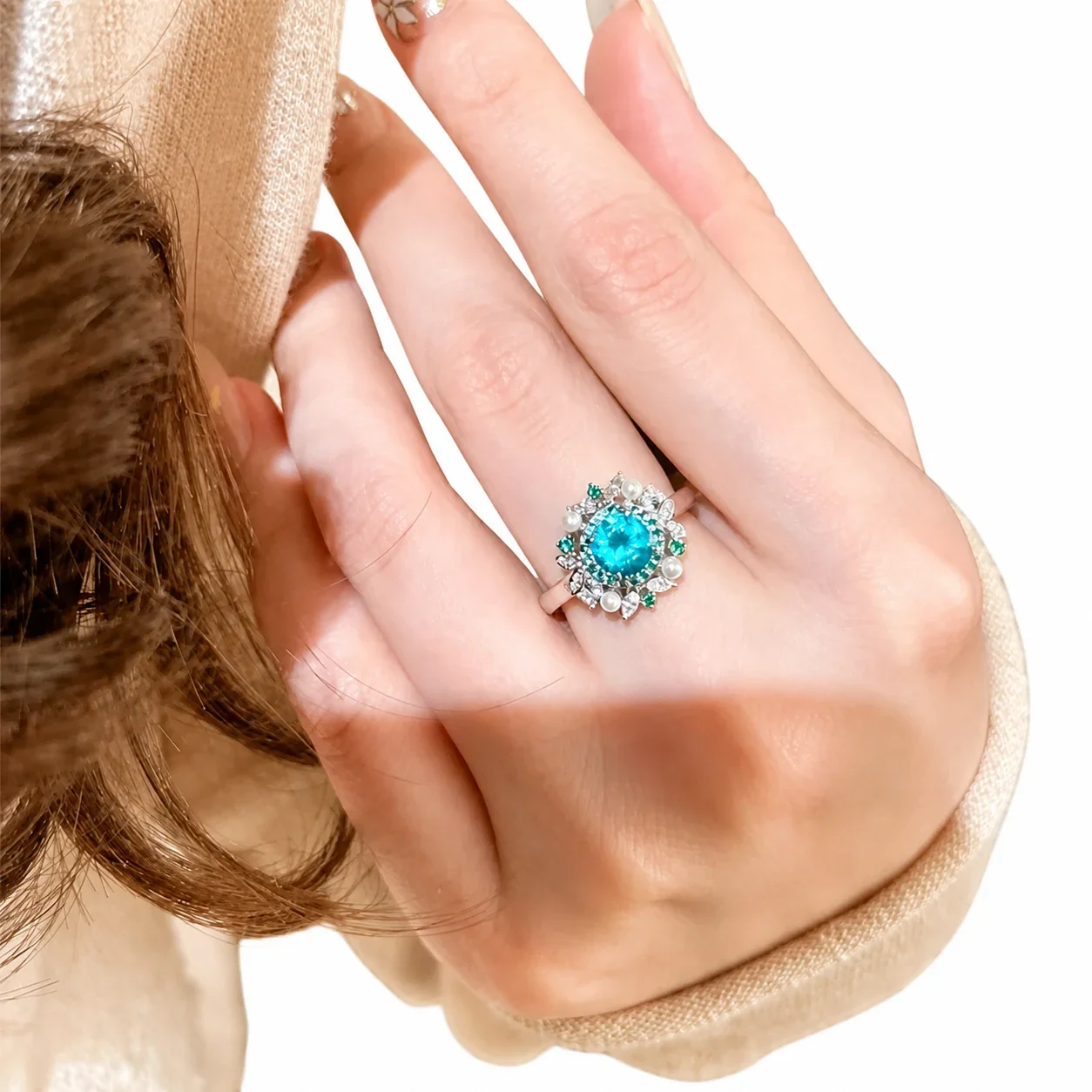Luminous Silver-Plated Blue Crystal Floral Copper Ring