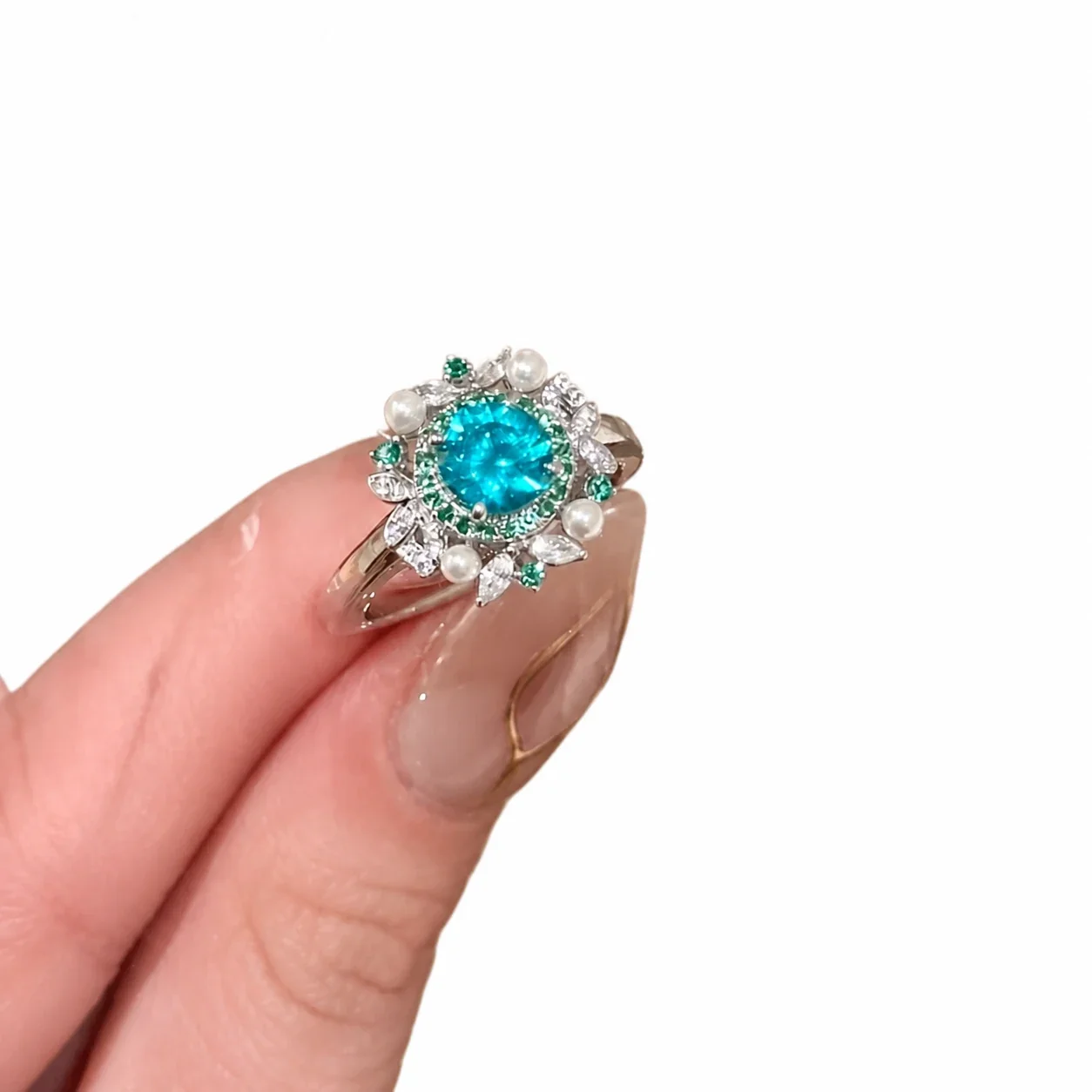 Luminous Silver-Plated Blue Crystal Floral Copper Ring