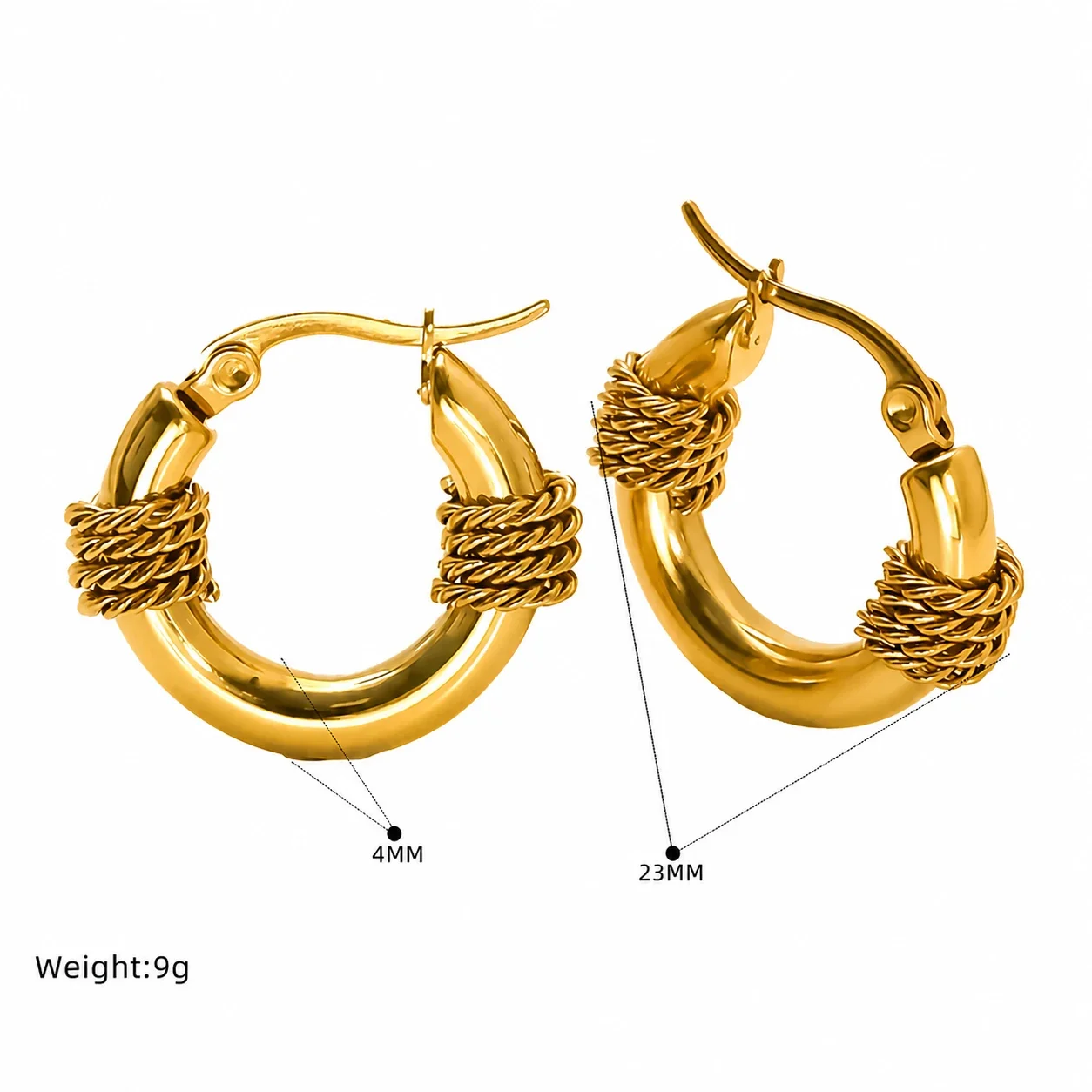 Sculptural 18K Gold PVD Rope-Wrapped Huggie Hoop Earrings - Gold Ribbed