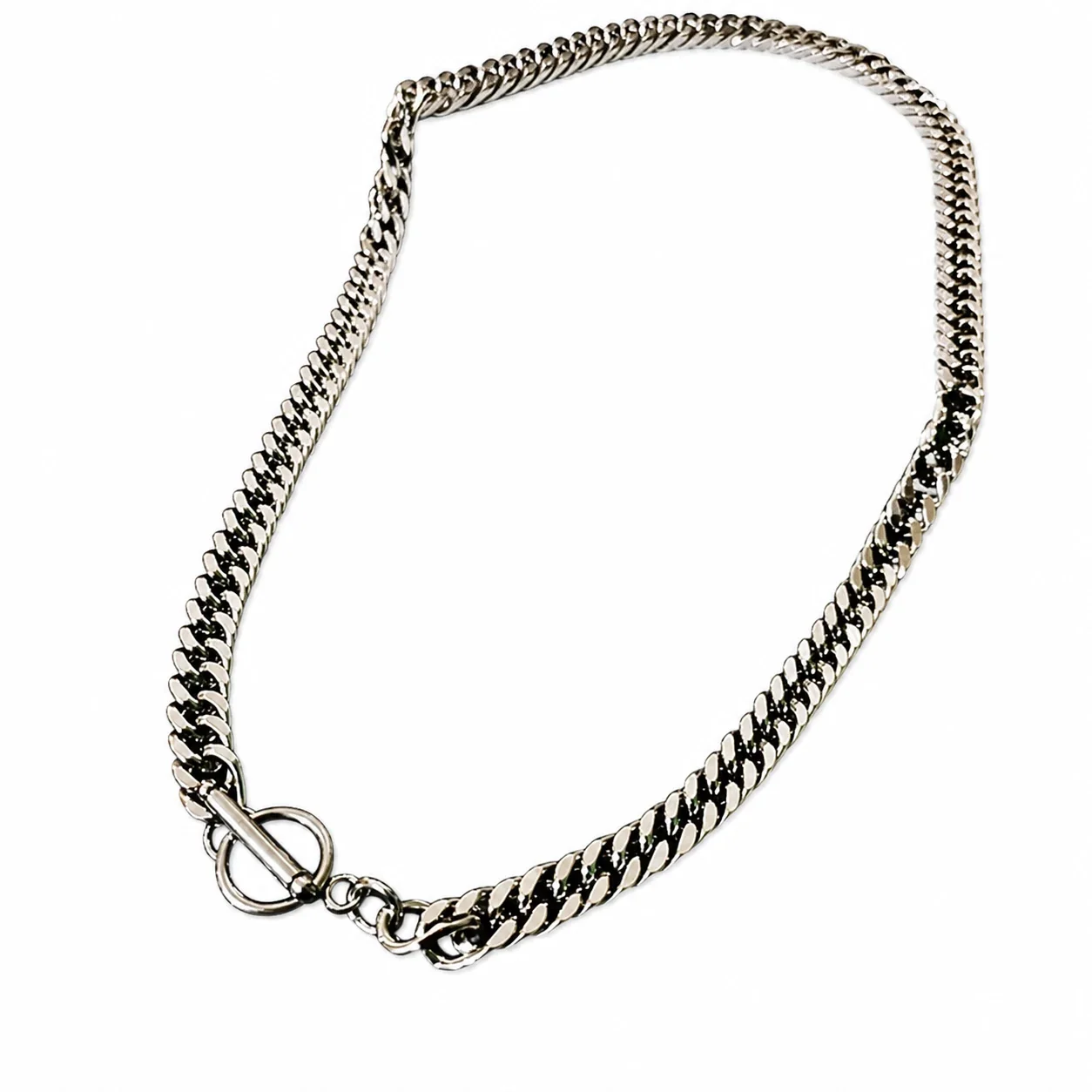 Bold Polished Stainless Steel Cuban Link Chain Necklace - Polished Steel Cuban Toggle 55 cm