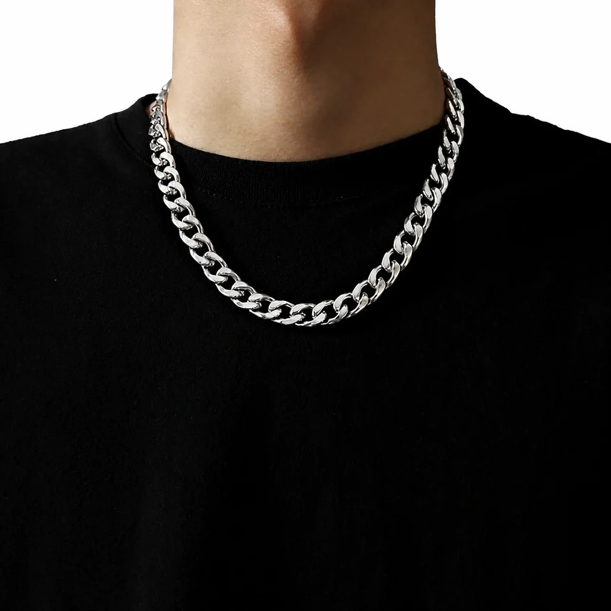 Bold Polished Stainless Steel Cuban Link Chain Necklace - Polished Steel 11 mm Cuban Link 50 cm