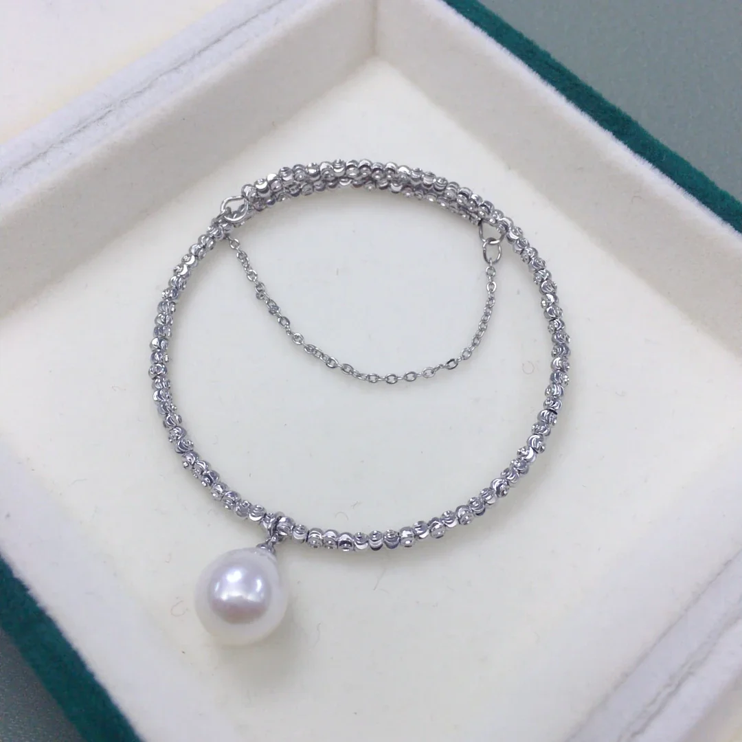 Lustrous Bead-Row Freshwater Pearl Charm Bangle - Silver