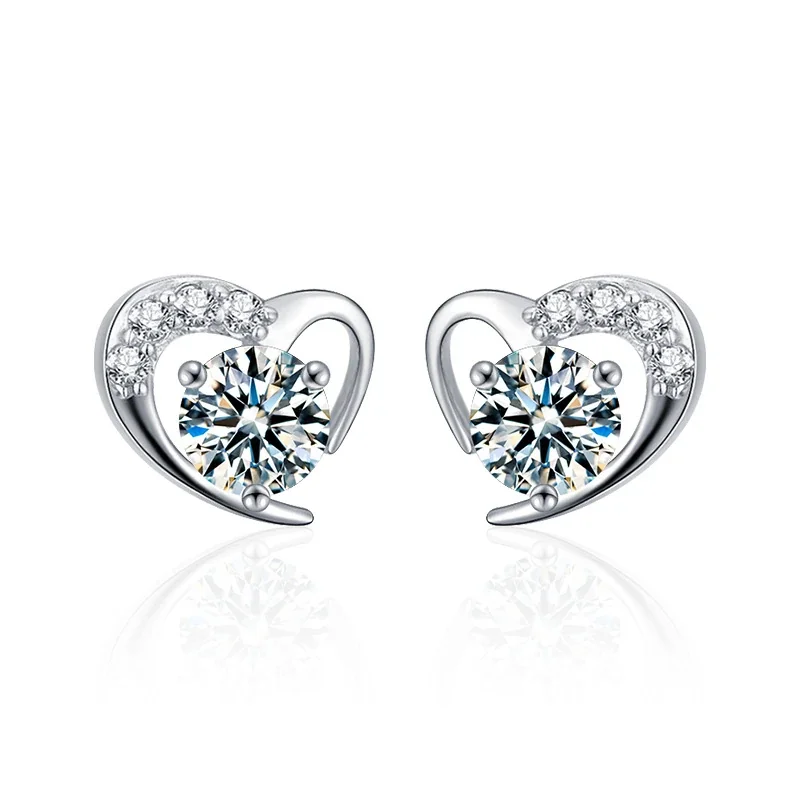 Romantic 925 Sterling Silver Heart Halo Prong-Set Moissanite Stud Earrings