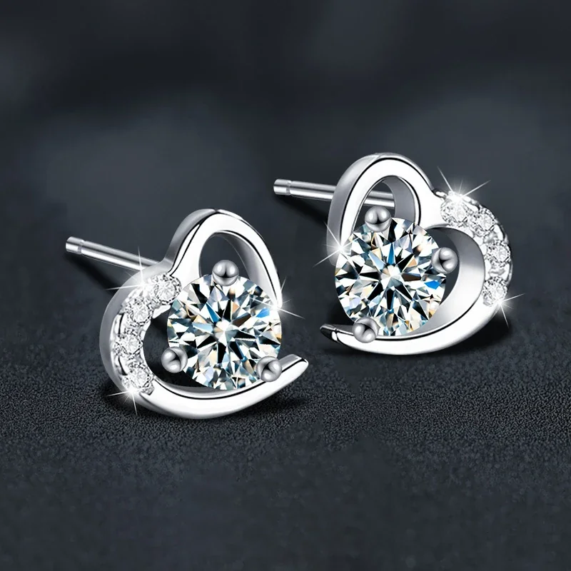 Romantic 925 Sterling Silver Heart Halo Prong-Set Stud Earrings