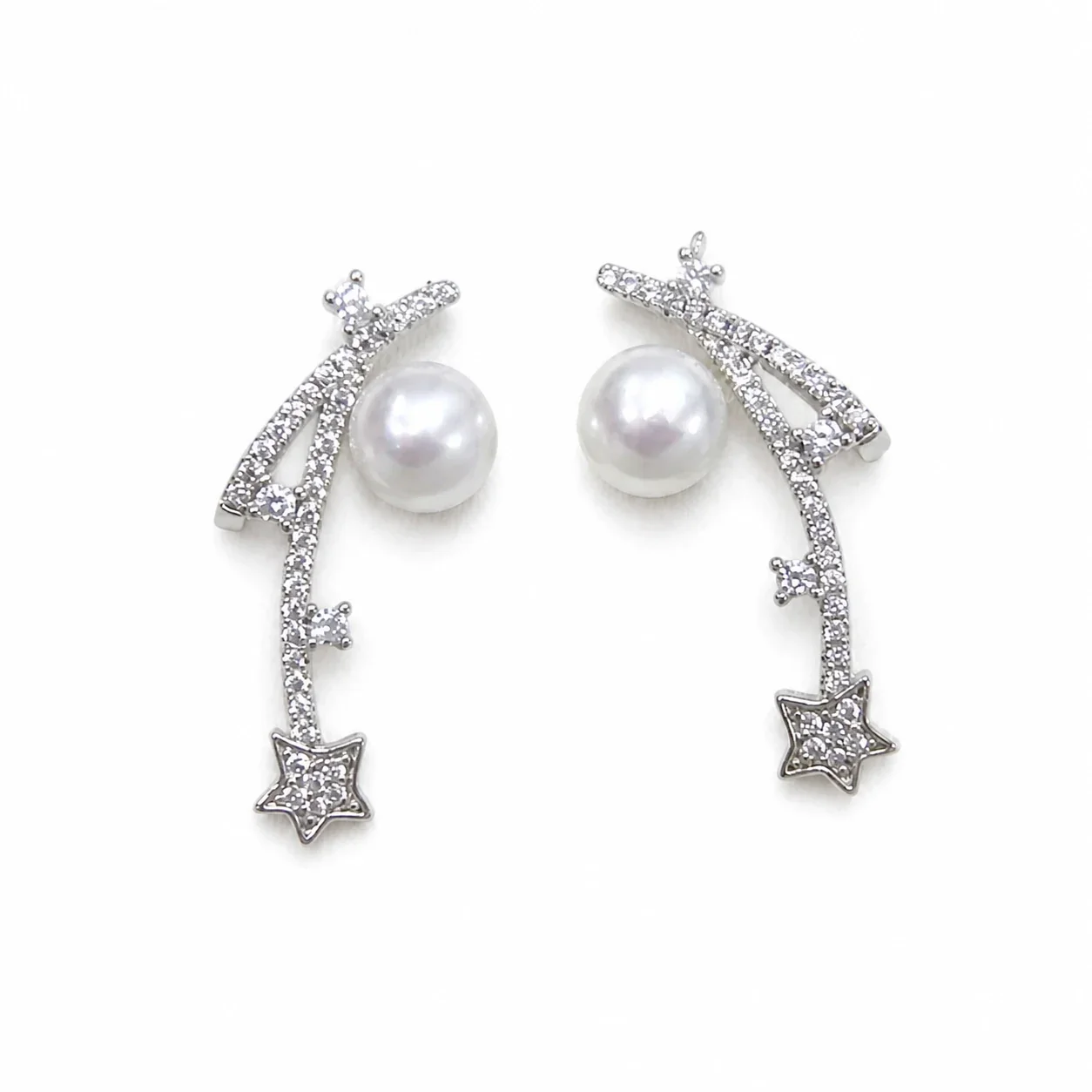 Celestial Silver-Plated Pearl Star Arc Stud Earrings