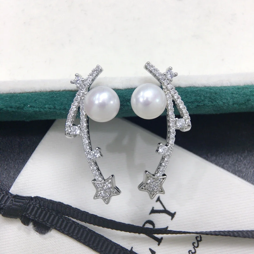 Celestial Silver-Plated Pearl Star Arc Stud Earrings