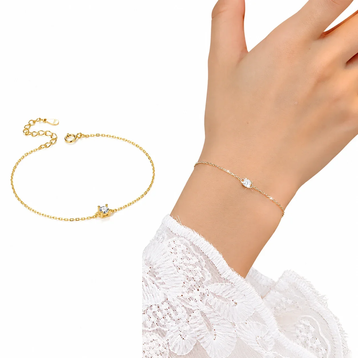 Delicate 925 Sterling Silver Four-Prong Round Crystal Bracelet
