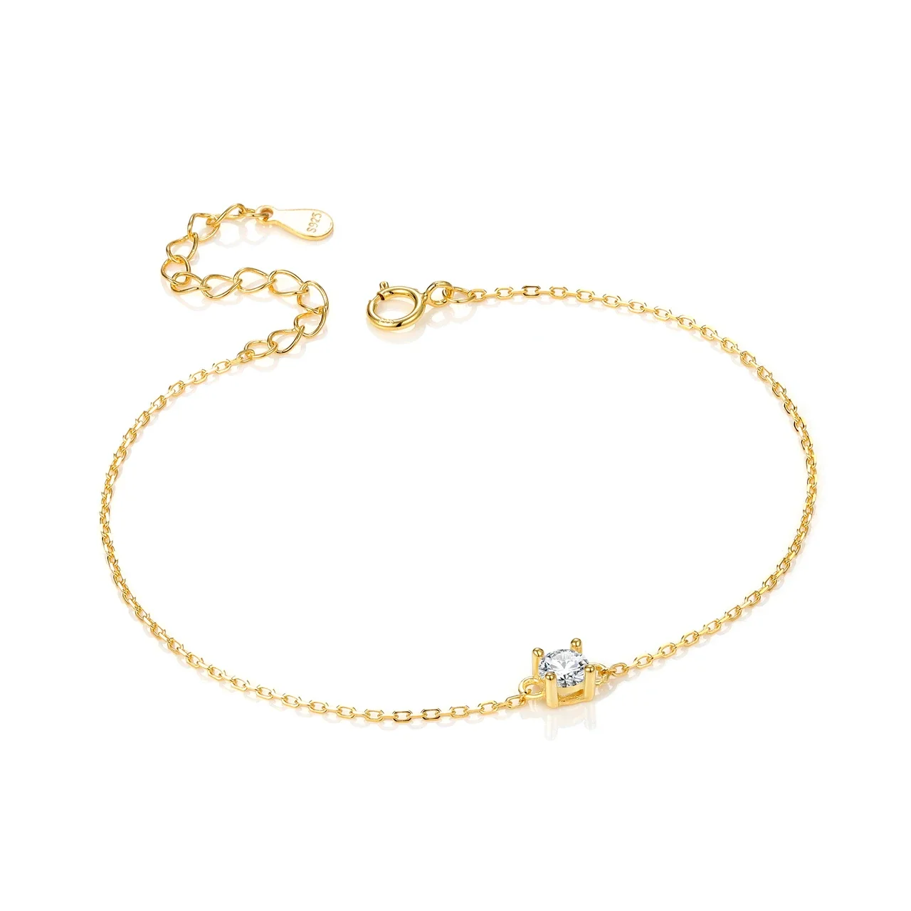 Delicate 925 Sterling Silver Four-Prong Round Crystal Bracelet - Gold