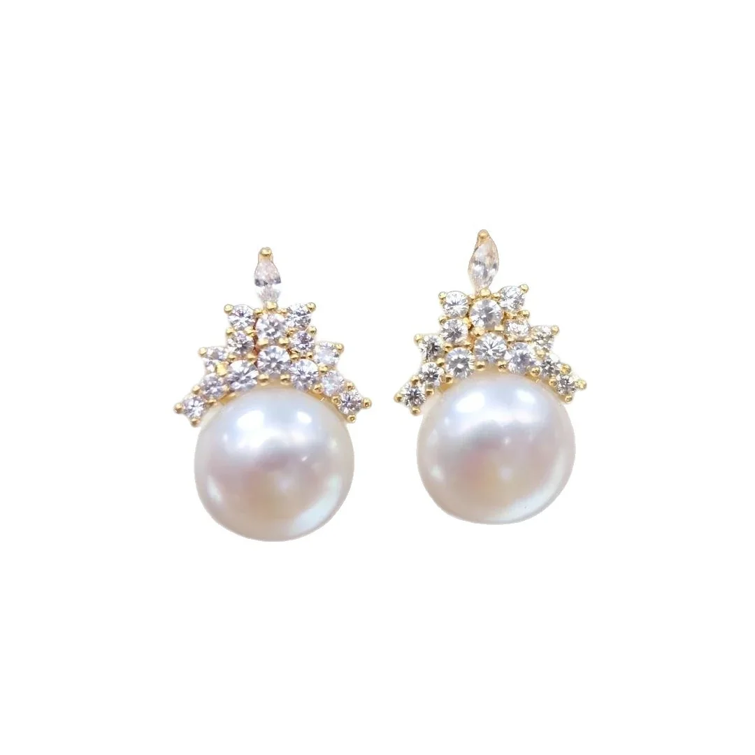 Starburst Cubic Zirconia Crown Freshwater Pearl Stud Earrings