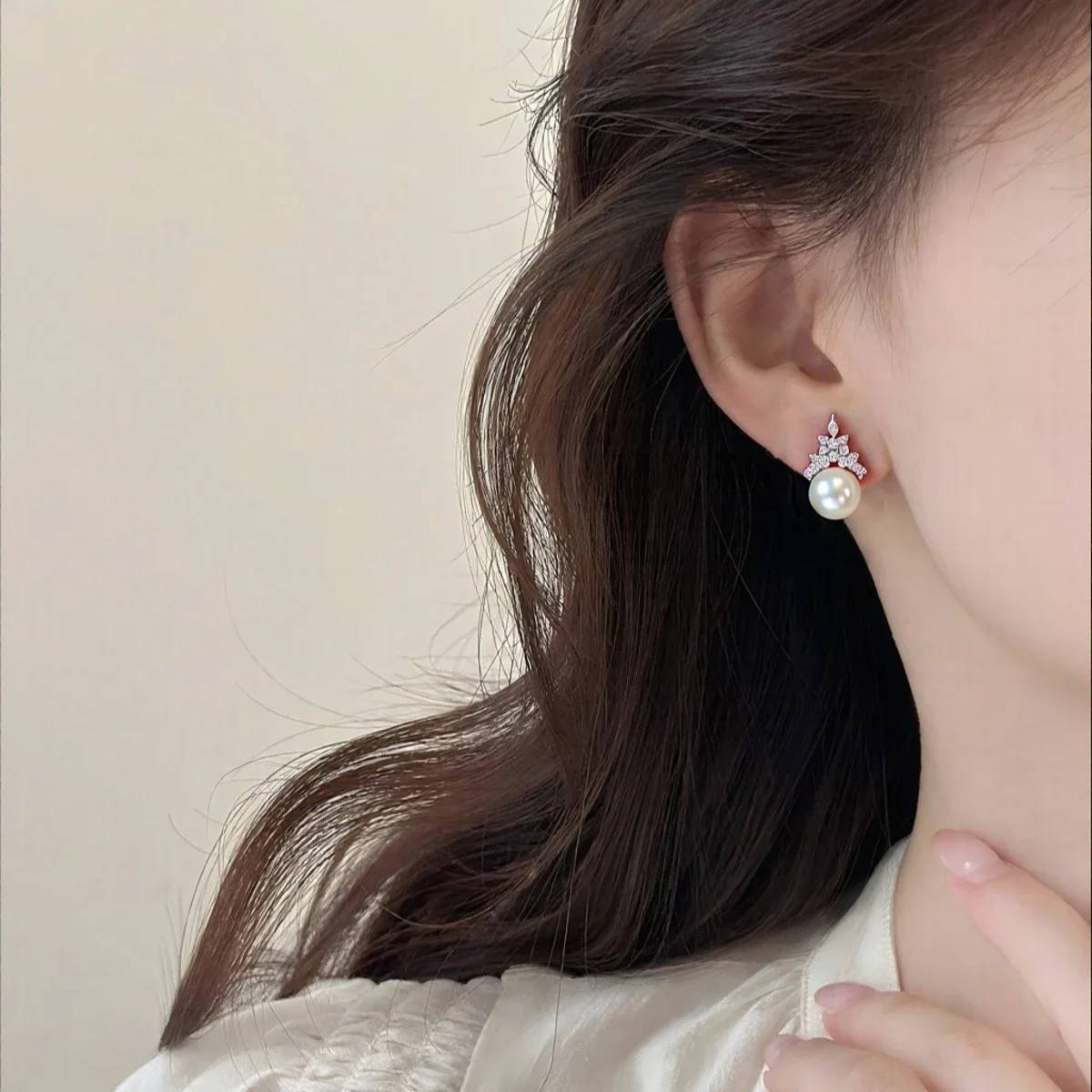 Starburst Cubic Zirconia Crown Freshwater Pearl Stud Earrings
