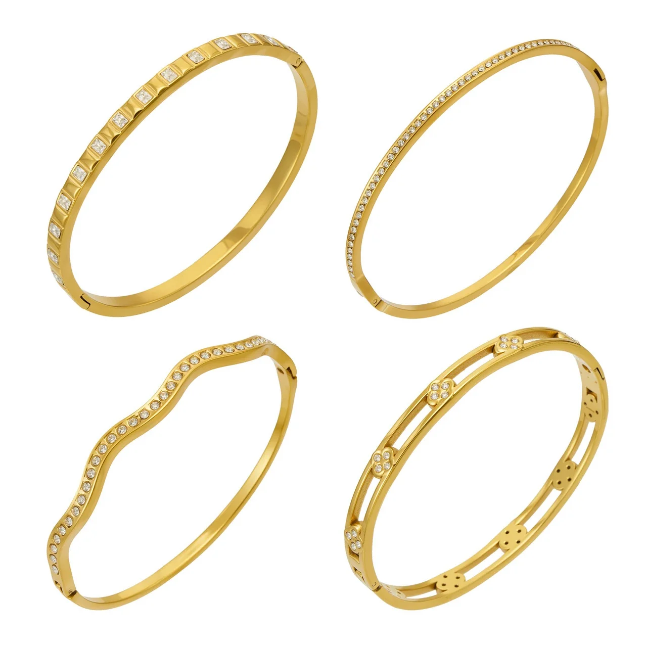 Radiant Gold PVD CZ Wave Flower Steel Bangle