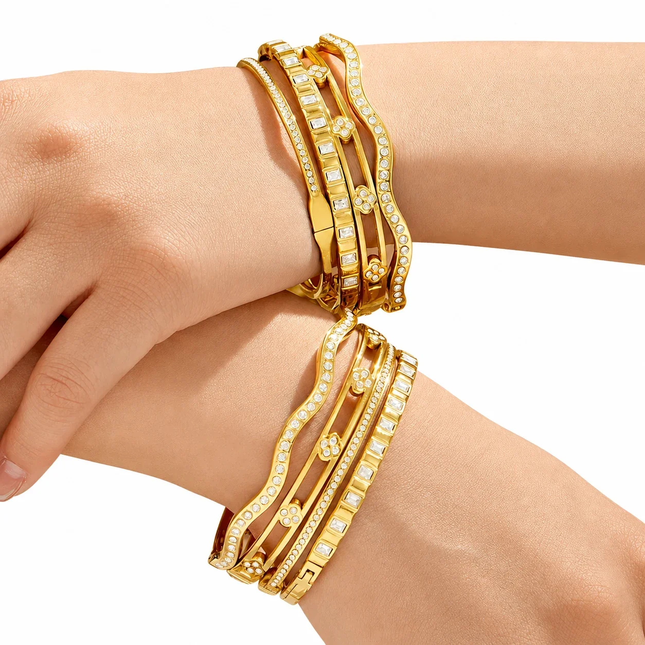 Radiant Gold PVD CZ Wave Flower Steel Bangle