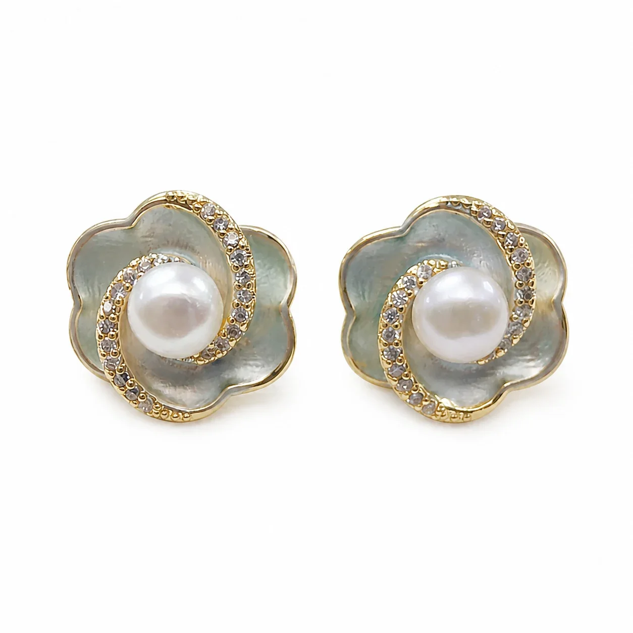 Floral Spiral Gold-Plated Freshwater Pearl Stud Earrings