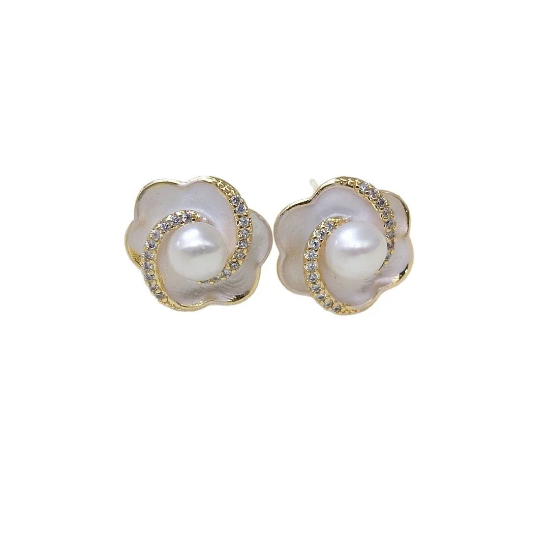 Floral Spiral Gold-Plated Freshwater Pearl Stud Earrings
