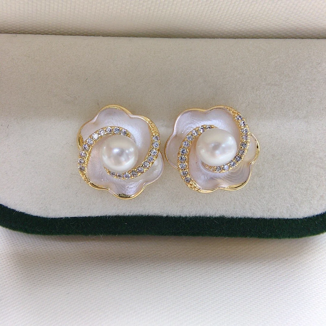 Floral Spiral Gold-Plated Freshwater Pearl Stud Earrings - White