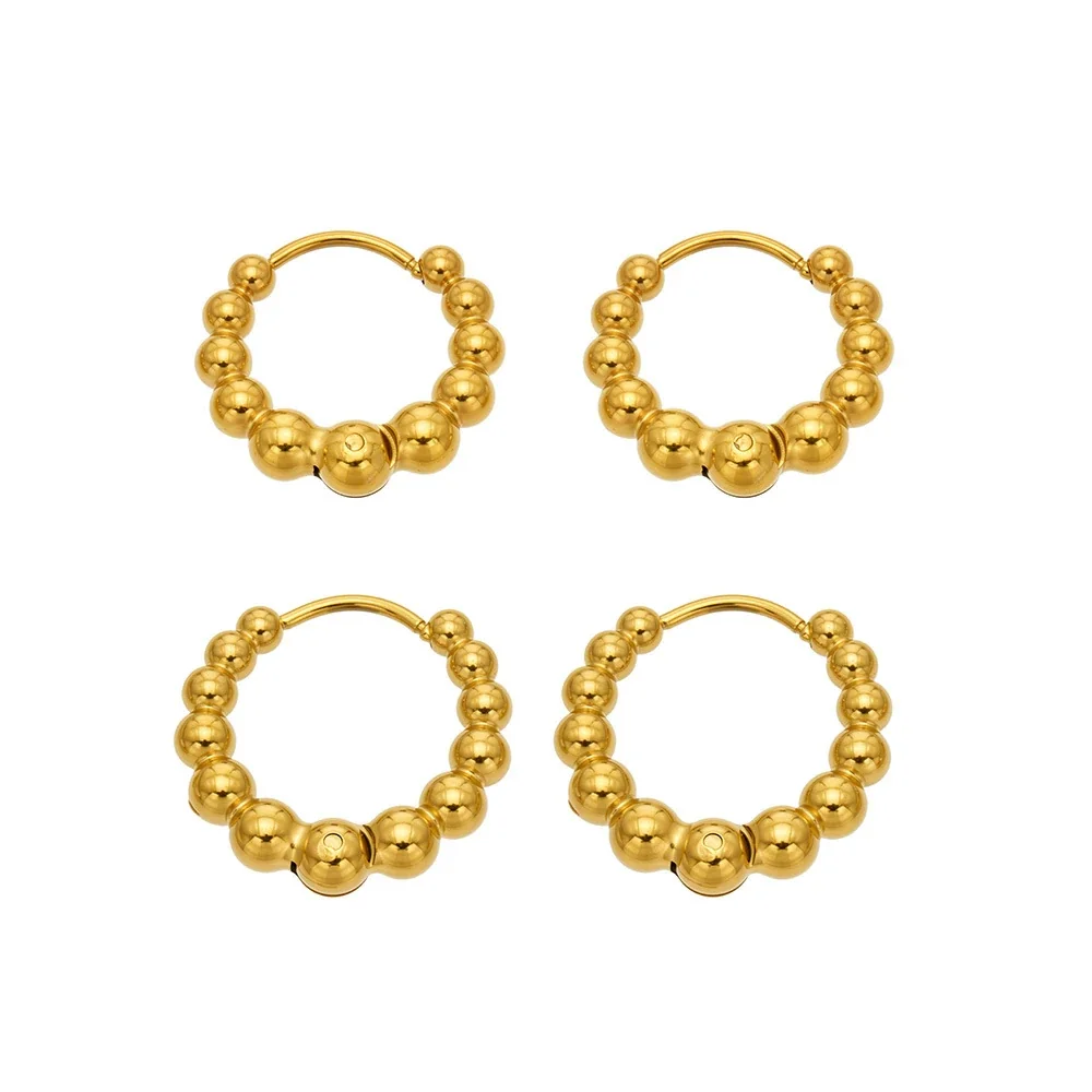 Rounded Gold-Plated Bead Open-Hoop Stainless Steel Earrings