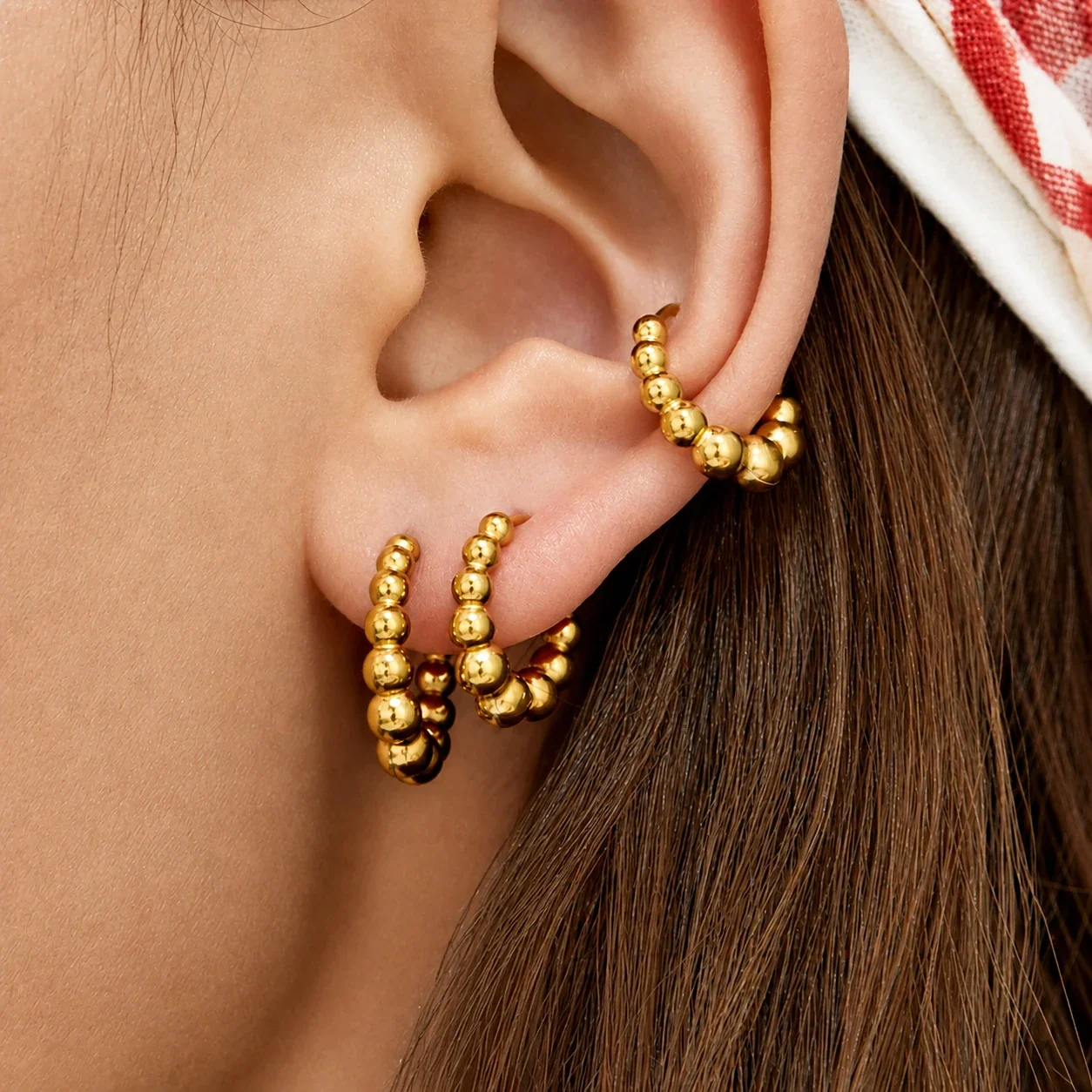 Rounded Gold-Plated Bead Open-Hoop Stainless Steel Earrings
