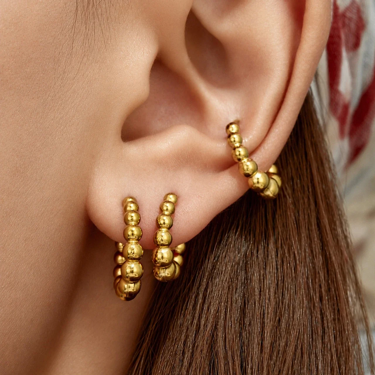 Rounded Gold-Plated Bead Open-Hoop Stainless Steel Earrings