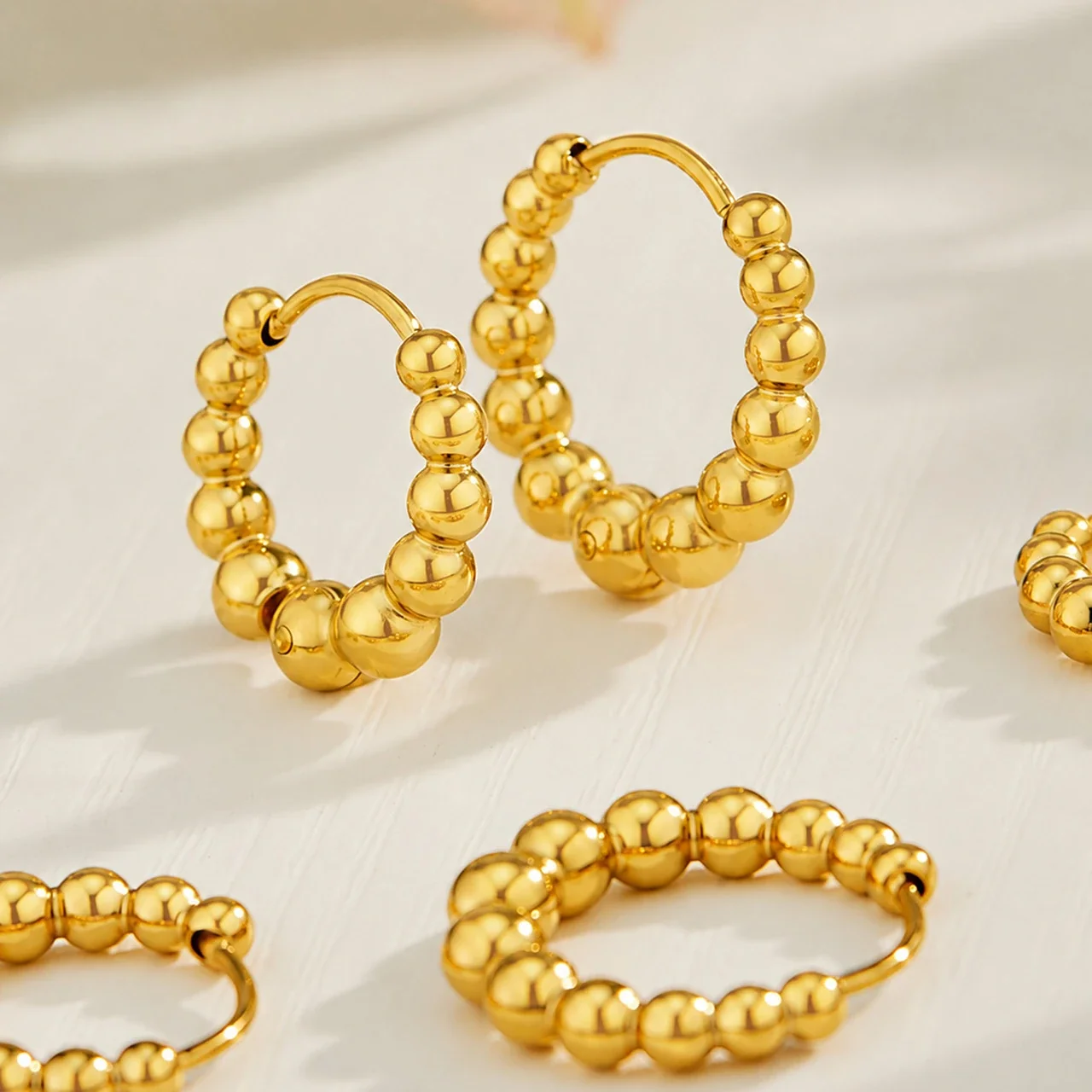Rounded Gold-Plated Bead Open-Hoop Stainless Steel Earrings