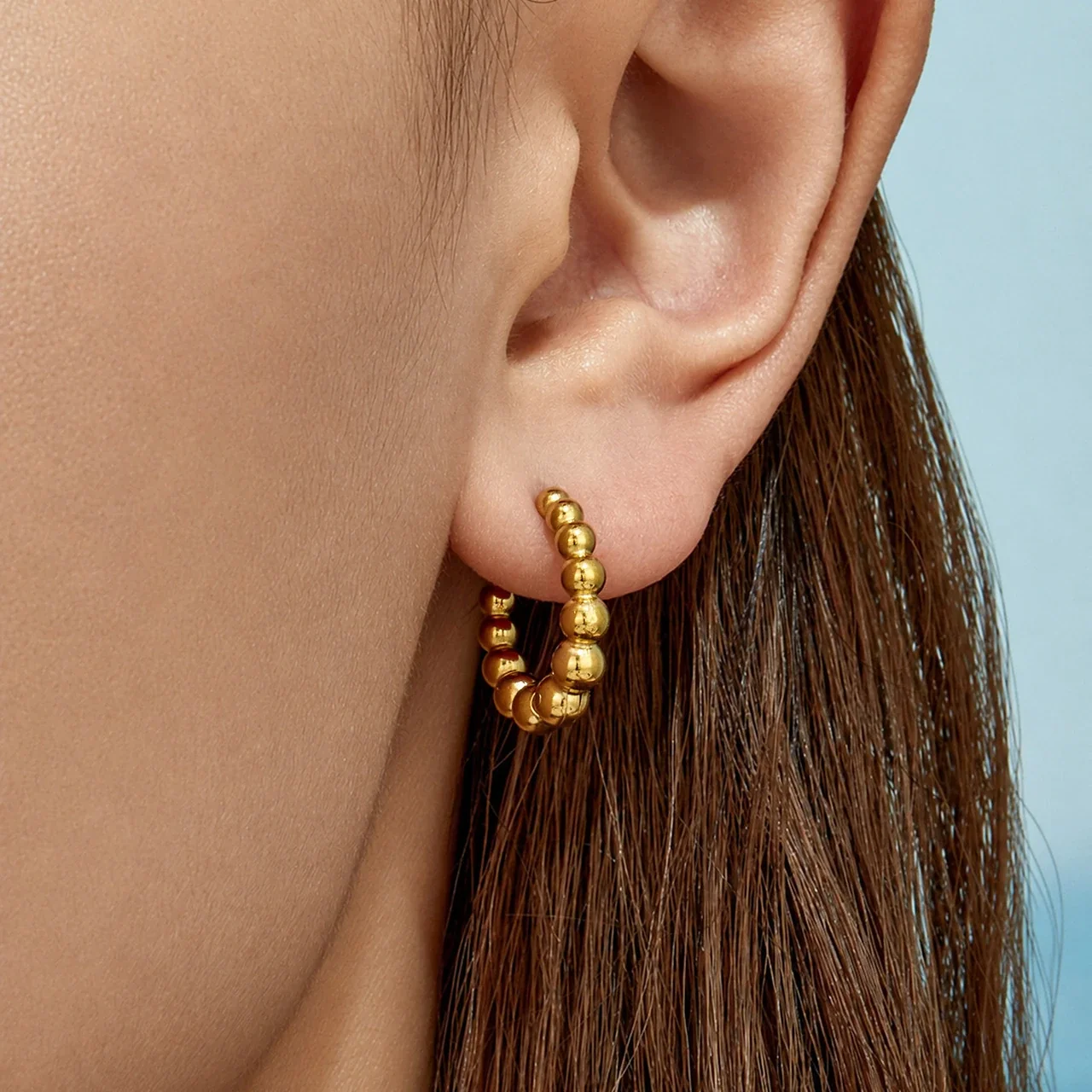 Rounded Gold-Plated Bead Open-Hoop Stainless Steel Earrings
