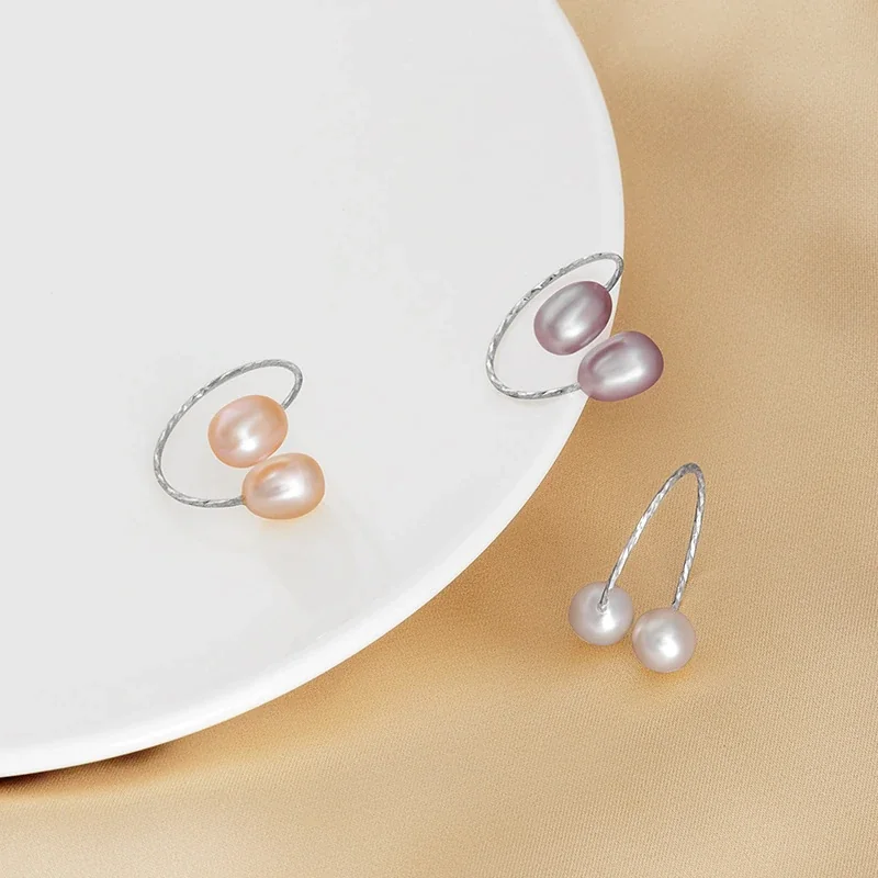 Sculptural 925 sterling silver Double Pearl Open Ring