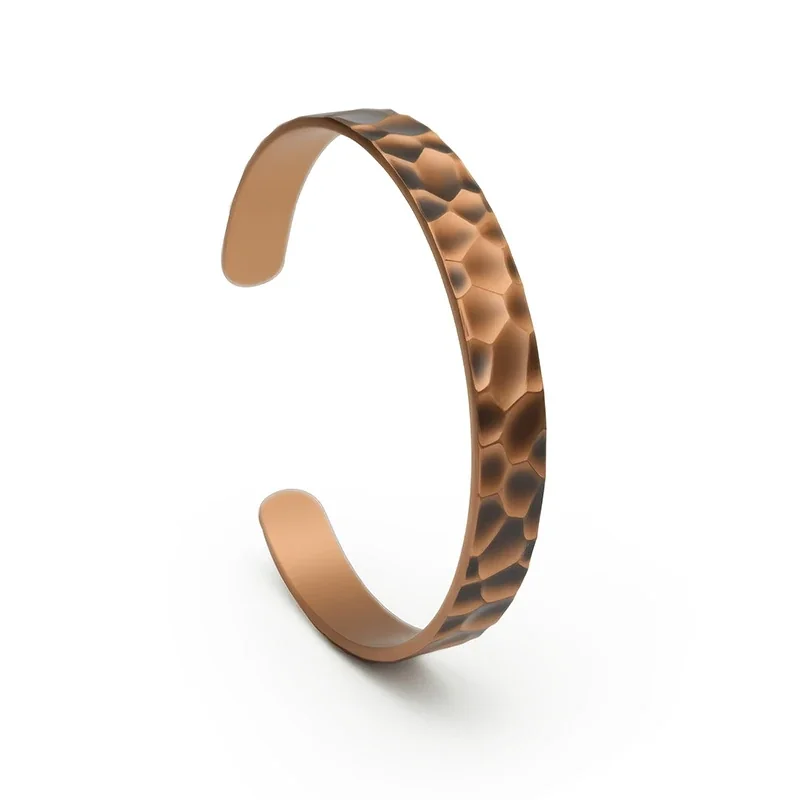 Hammered Copper Open-Cuff Faceted Wide-Band Bangle