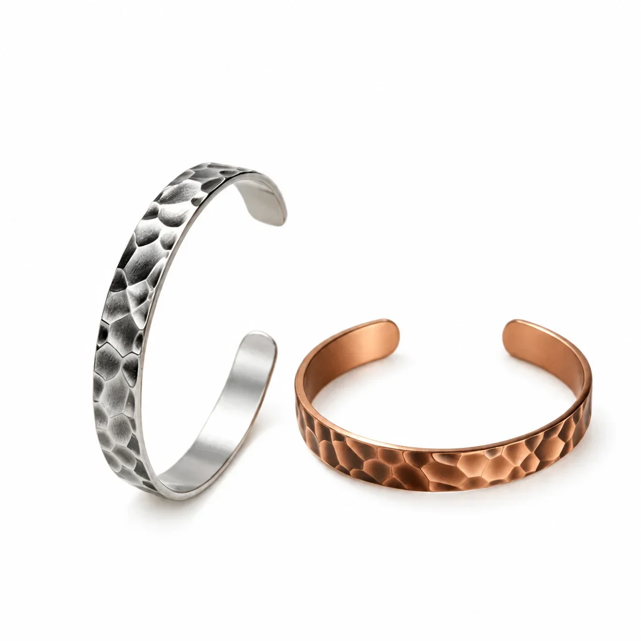 Hammered Copper Open-Cuff Faceted Wide-Band Bangle