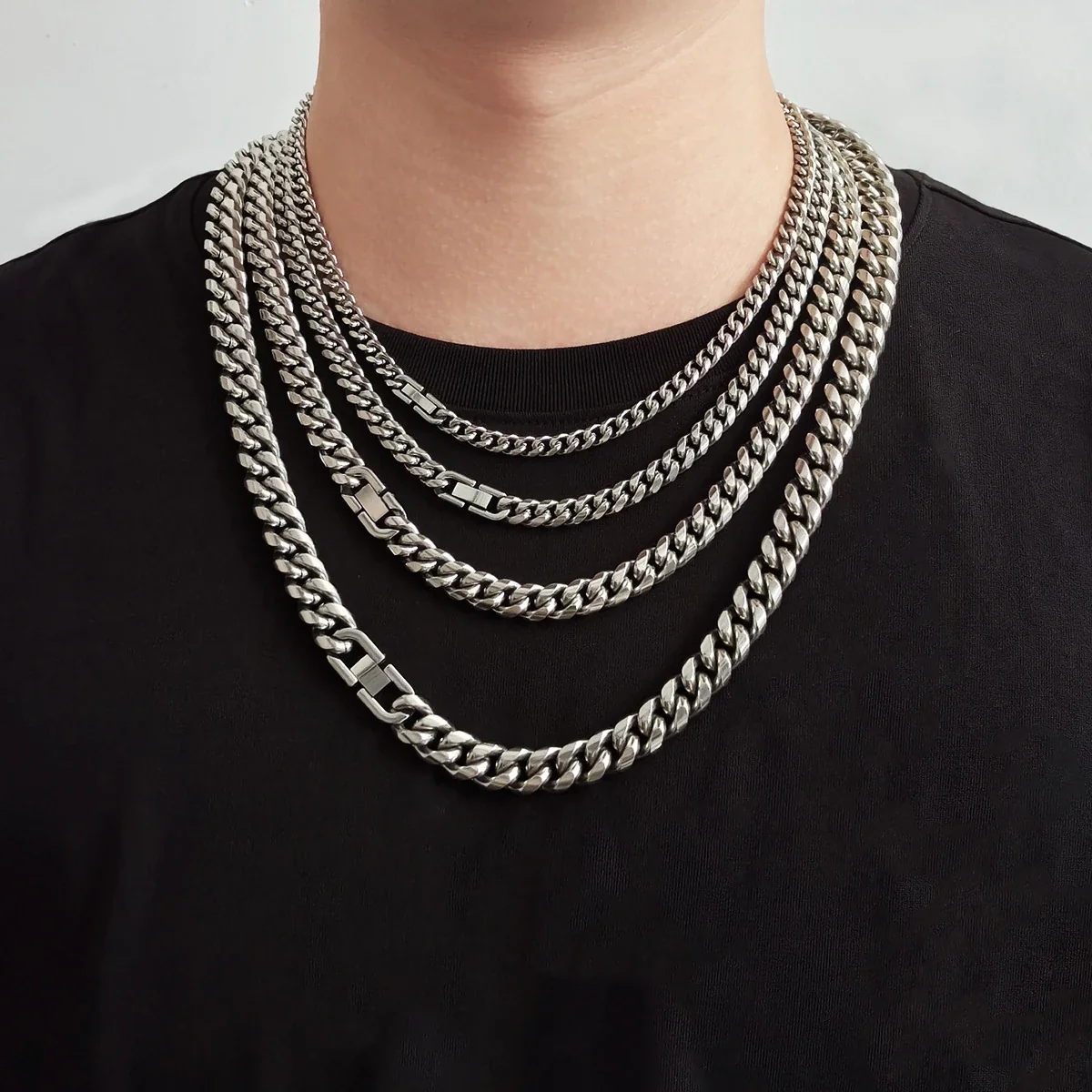 Chunky Cuban Link Polished Steel Box Clasp Chain Necklace