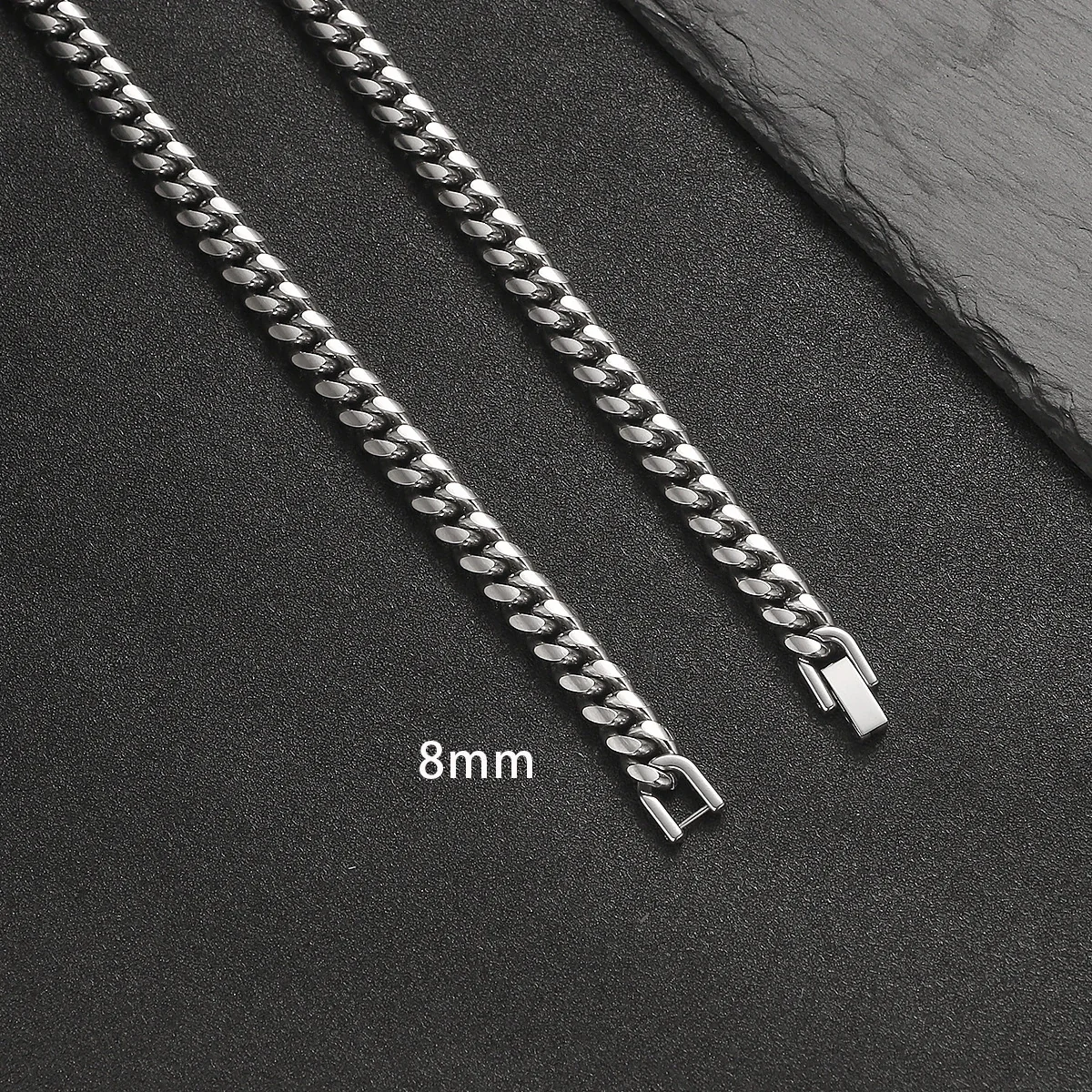Chunky Cuban Link Polished Steel Box Clasp Chain Necklace - Polished Steel 8 mm 50 cm
