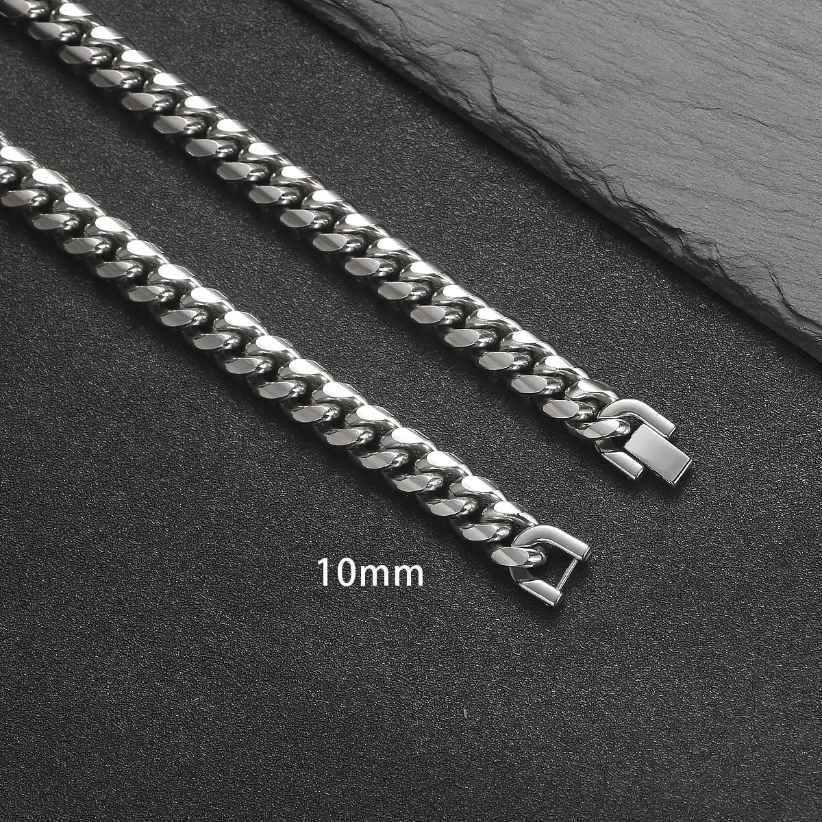 Chunky Cuban Link Polished Steel Box Clasp Chain Necklace - Polished Steel 10 mm 50 cm
