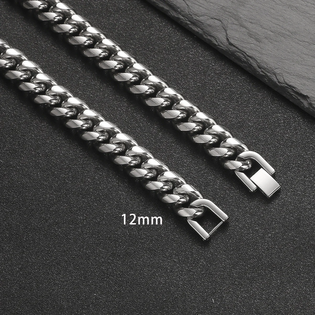 Chunky Cuban Link Polished Steel Box Clasp Chain Necklace - Polished Steel 12 mm 50 cm