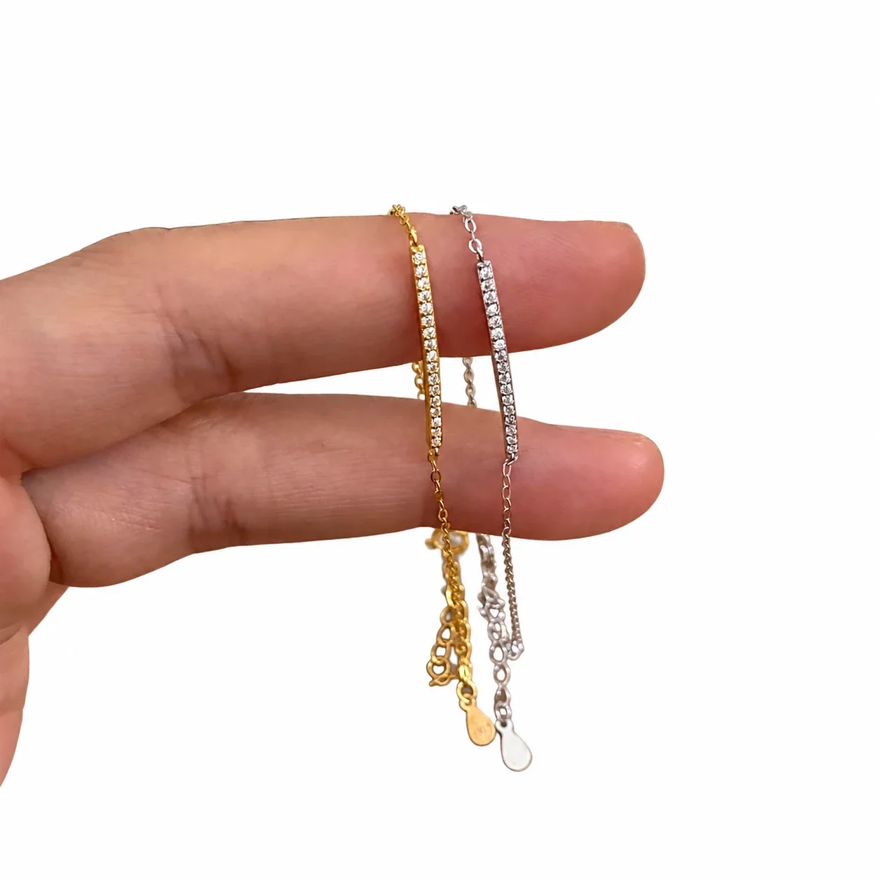Delicate 925 Sterling Silver Pavé Bar Chain Bracelet