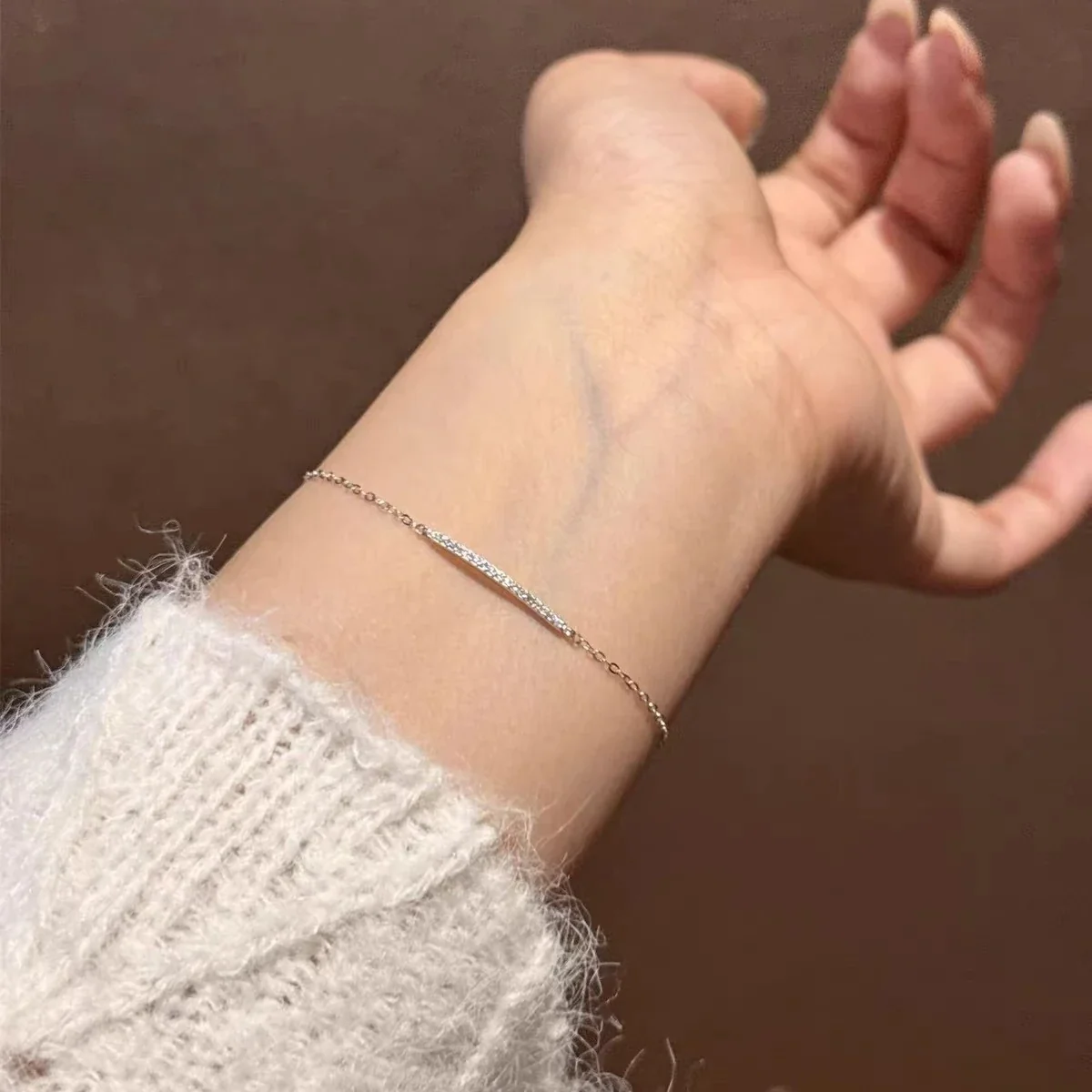 Delicate 925 Sterling Silver Pavé Bar Chain Bracelet