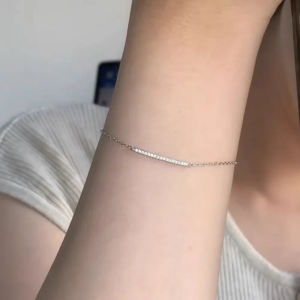 Delicate 925 Sterling Silver Pavé Bar Chain Bracelet