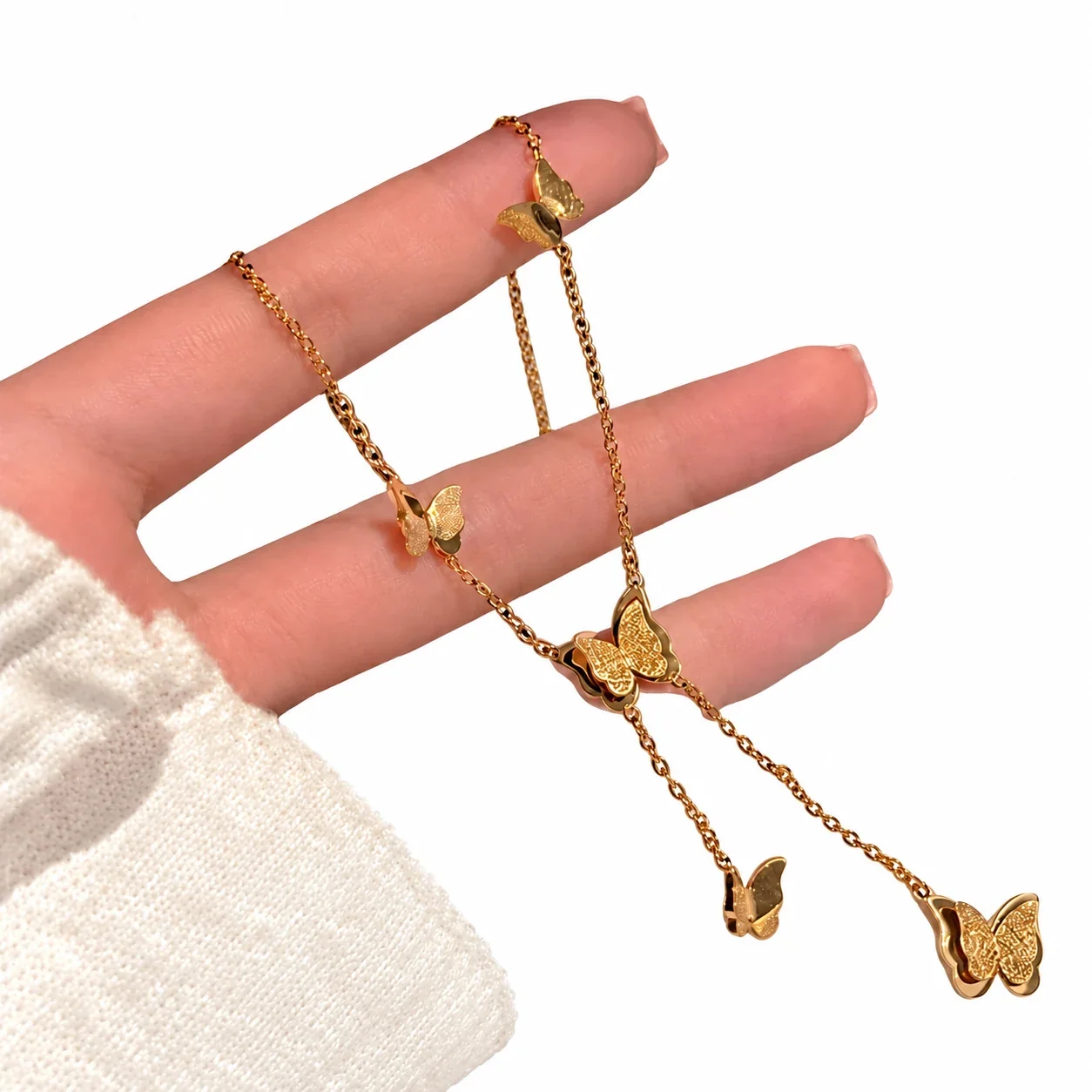 Whimsical 18K Gold-Plated Textured Butterfly Lariat Necklace