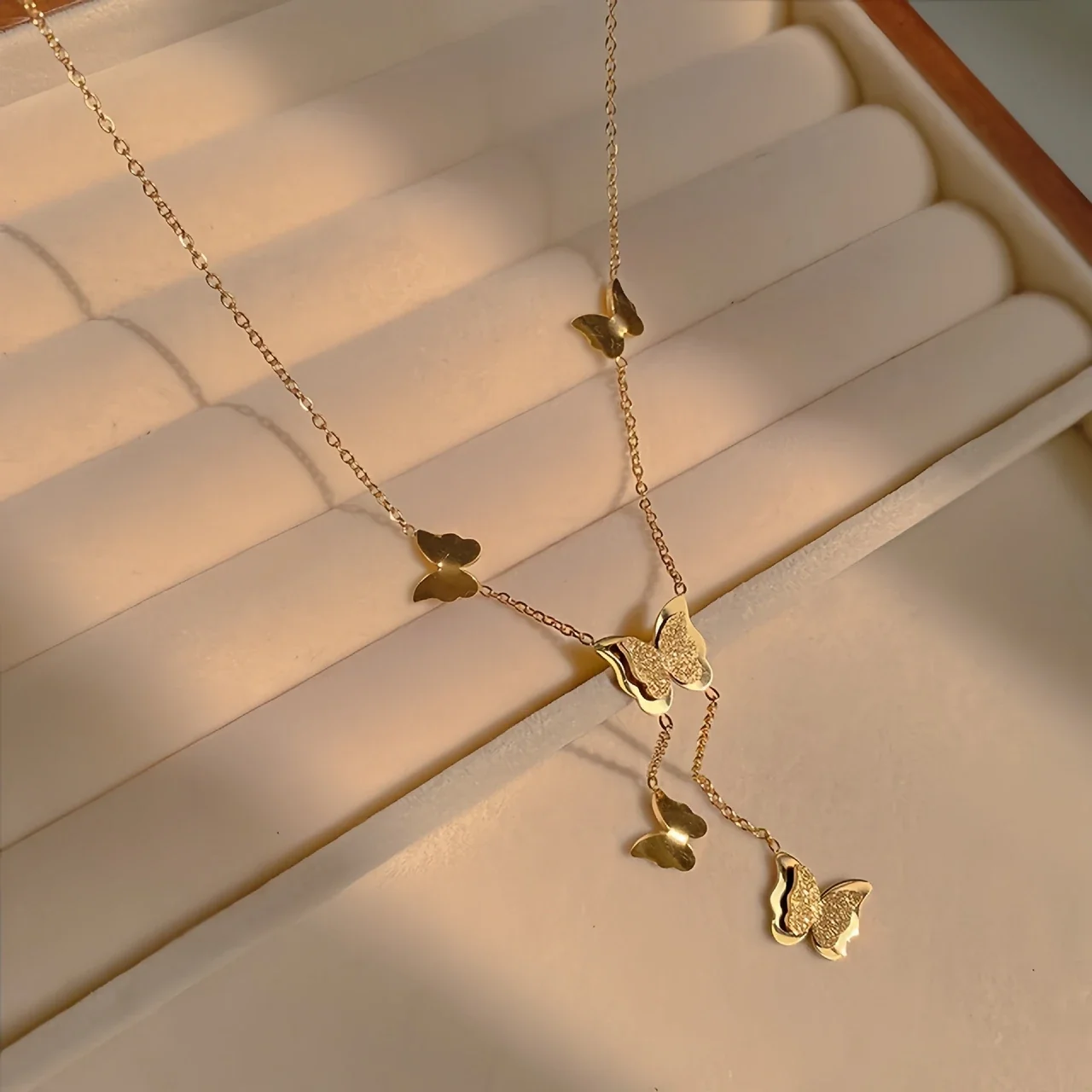 Whimsical 18K Gold-Plated Textured Butterfly Lariat Necklace