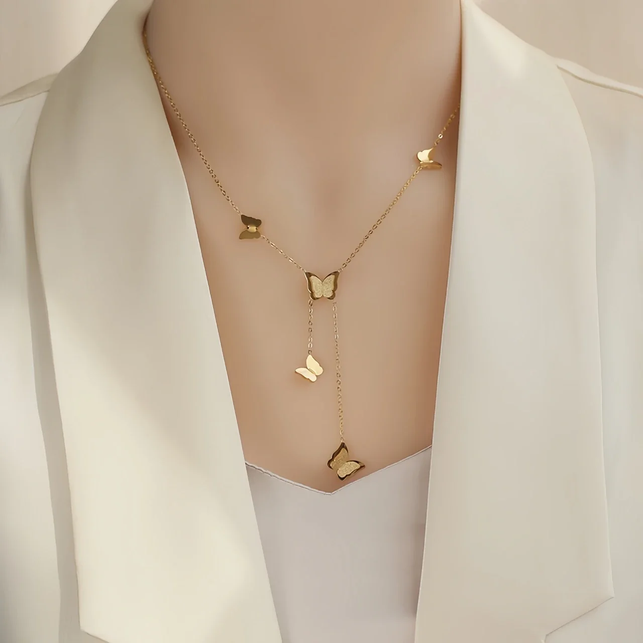 Whimsical 18K Gold-Plated Textured Butterfly Lariat Necklace