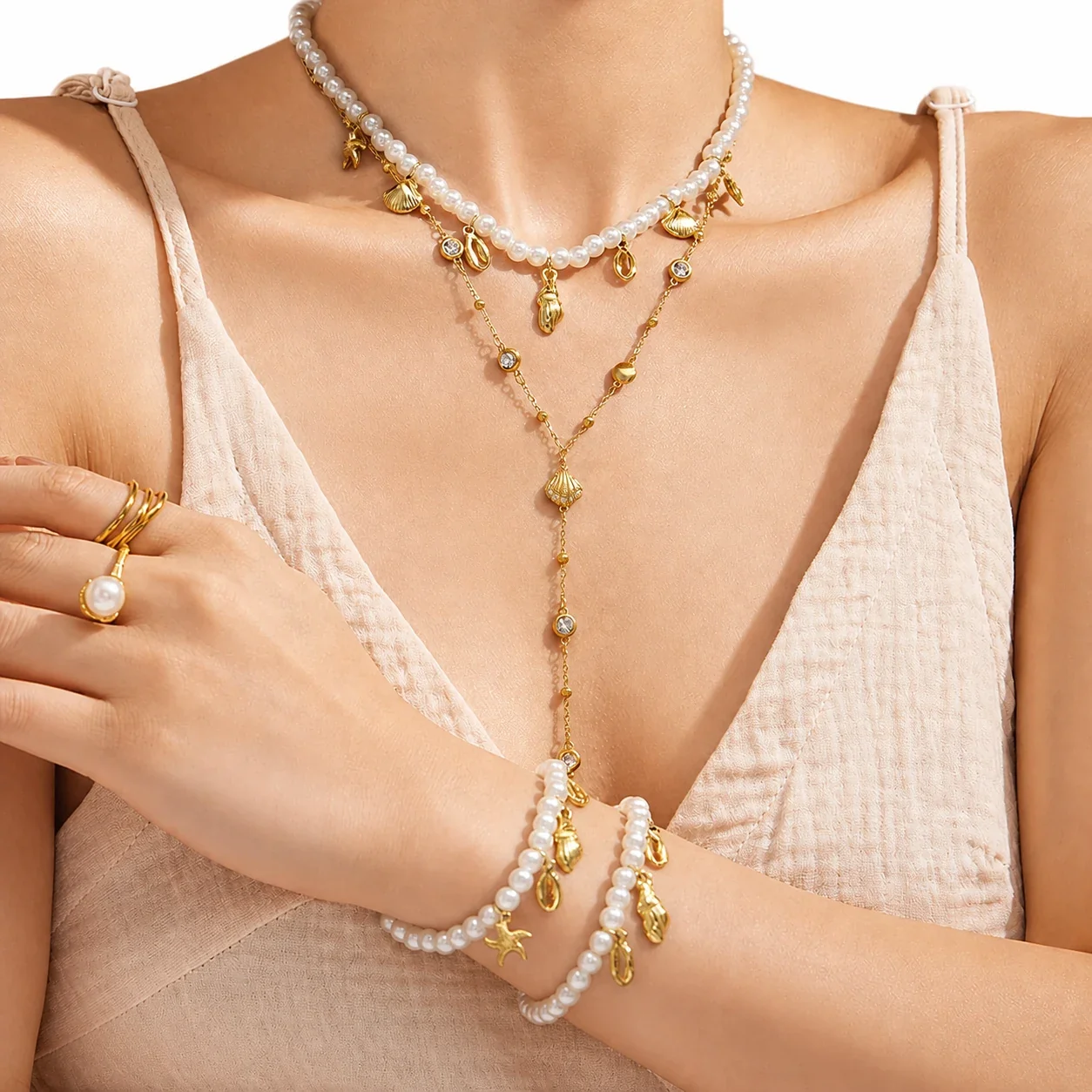 Oceanic Gold-Plated Steel Shell Starfish Jewelry Set