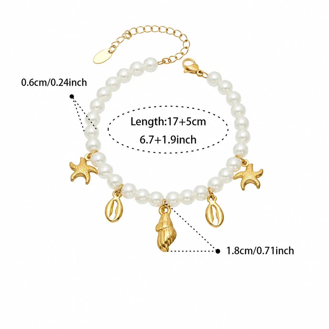 Oceanic Gold-Plated Steel Shell Starfish Jewelry Set - Gold Pearl-Effect Multi-Charm 17+5 cm