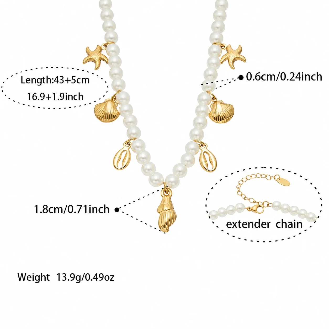 Oceanic Gold-Plated Steel Shell Starfish Jewelry Set - Gold Pearl-Effect Multi-Charm 43+5 cm