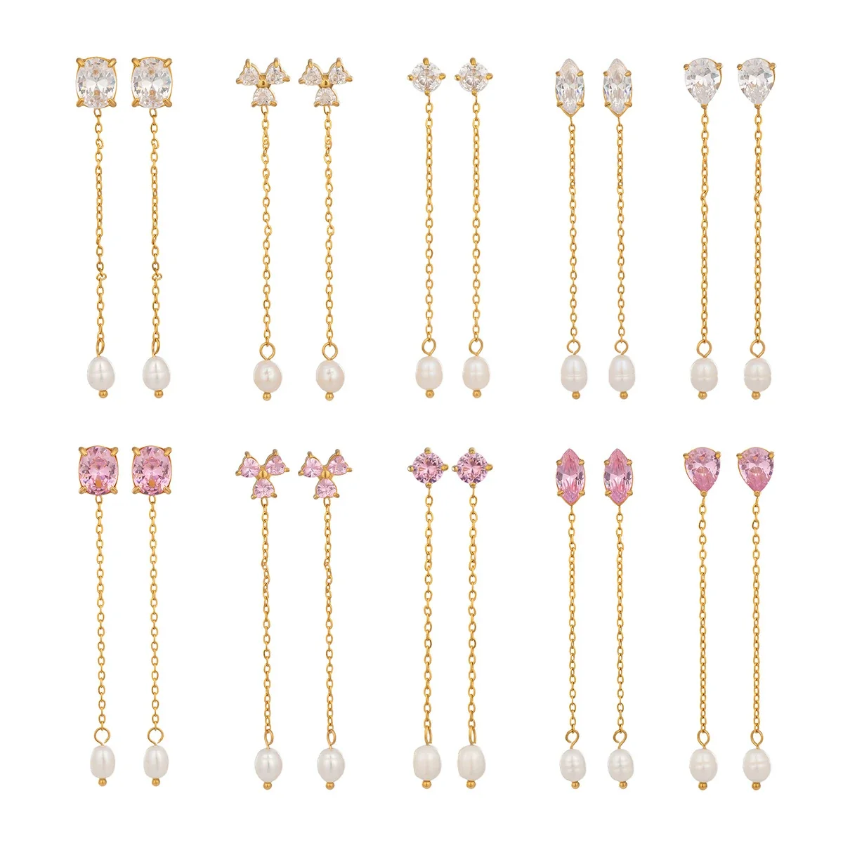 Graceful Gold-Plated Cubic Zirconia Pearl Chain Drop Earrings