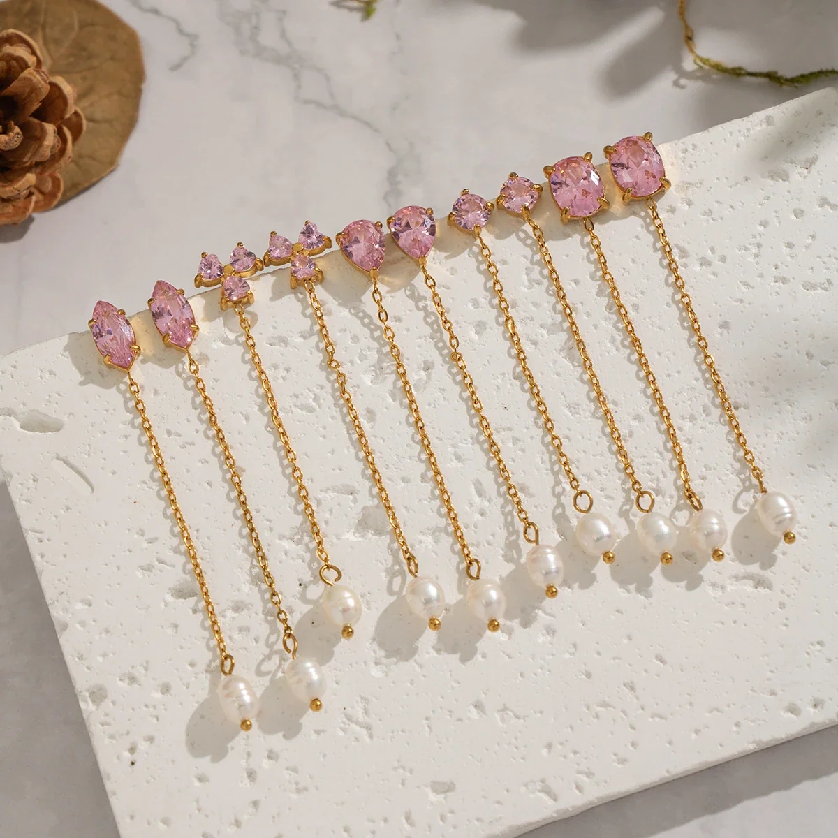 Graceful Gold-Plated Cubic Zirconia Pearl Chain Drop Earrings