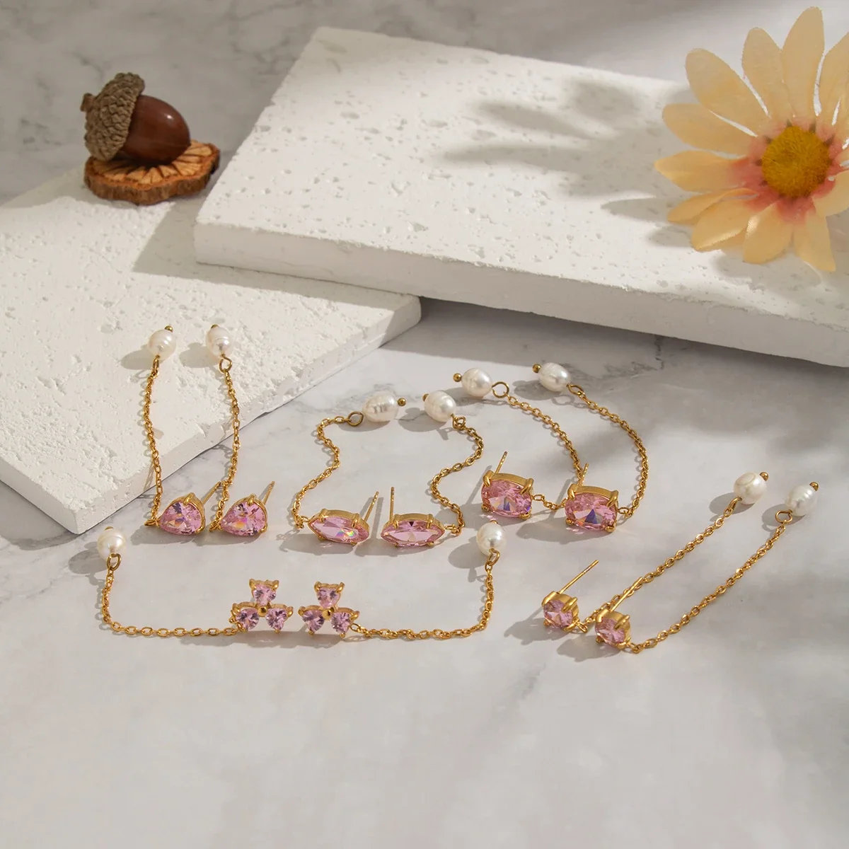Graceful Gold-Plated Cubic Zirconia Pearl Chain Drop Earrings