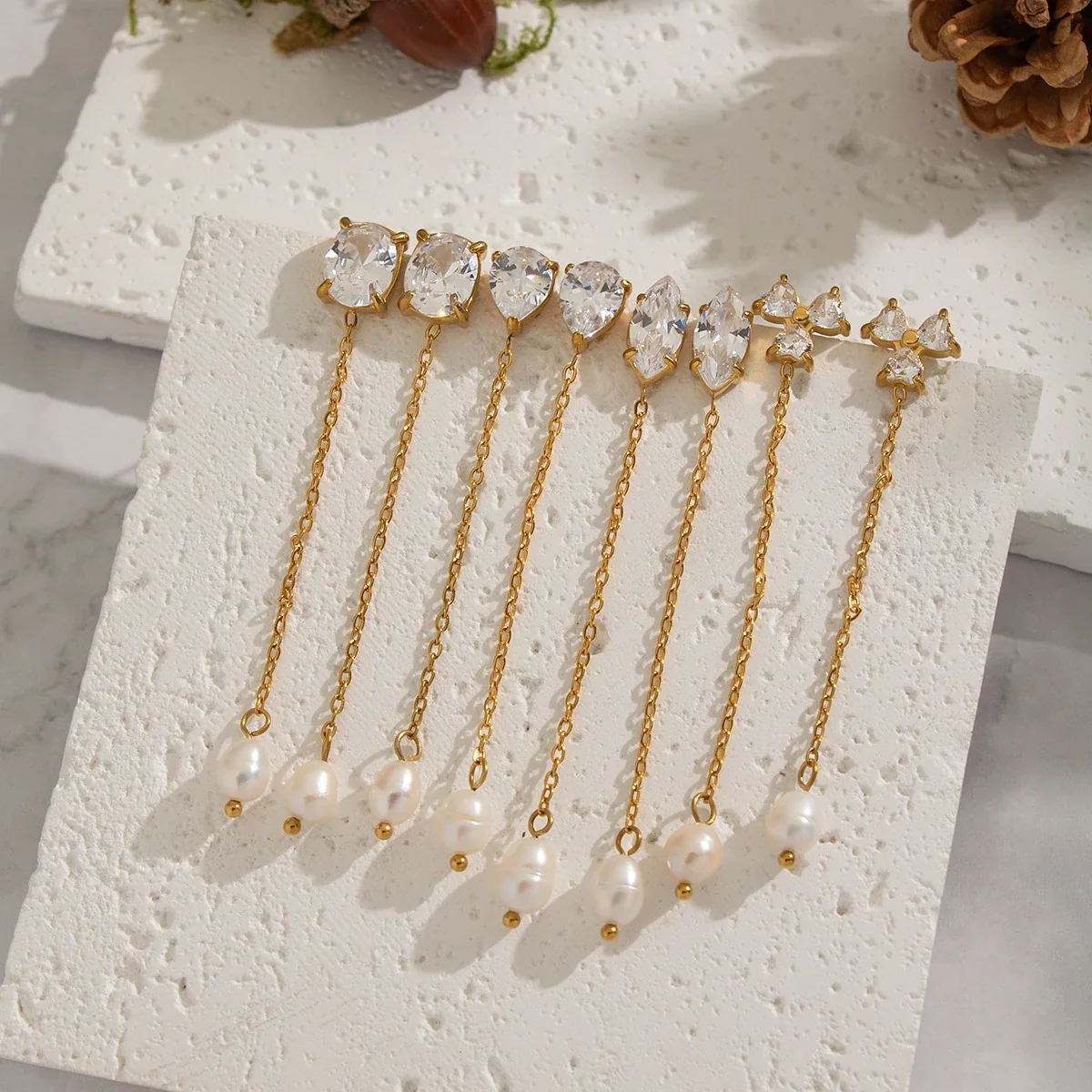 Graceful Gold-Plated Cubic Zirconia Pearl Chain Drop Earrings